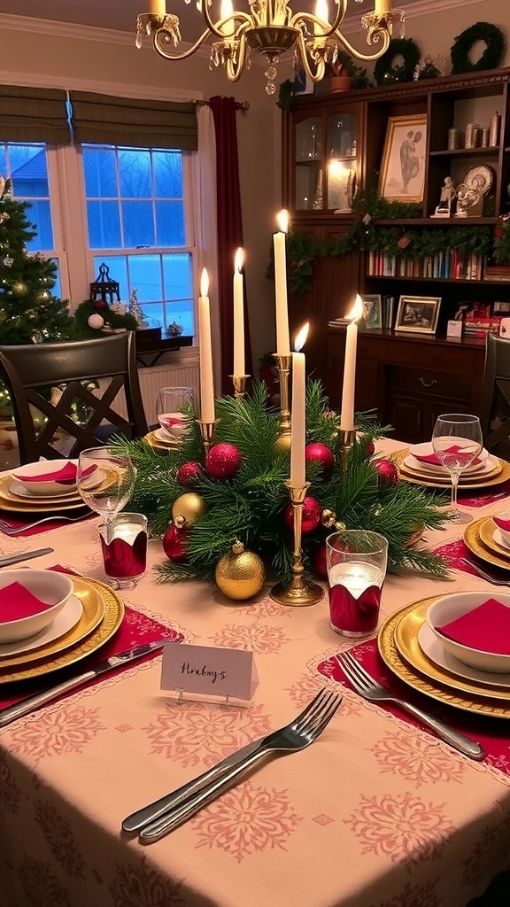 Elegant Christmas Dinner Table Decorations A festive Christmas dinner table setting with elegant decorations, candles, and a seasonal centerpiece.